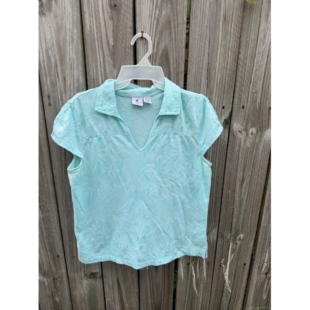 Tropical Coastal Caribbean Joe Polo Top L Aqua Blue Palm Print V-Neck Tee